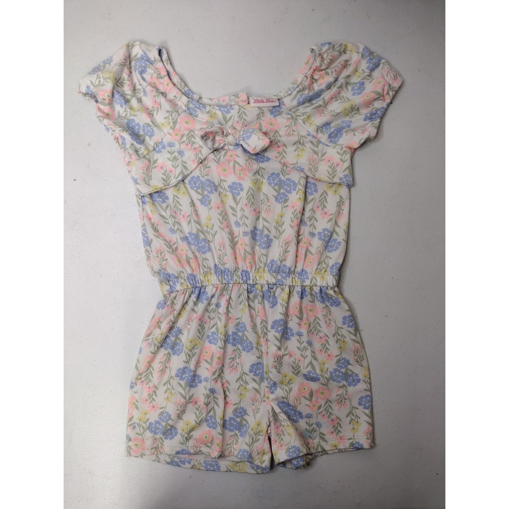 Little Lass Girls Floral Romper White Pink Blue Short Sleeve Bow Size 6X